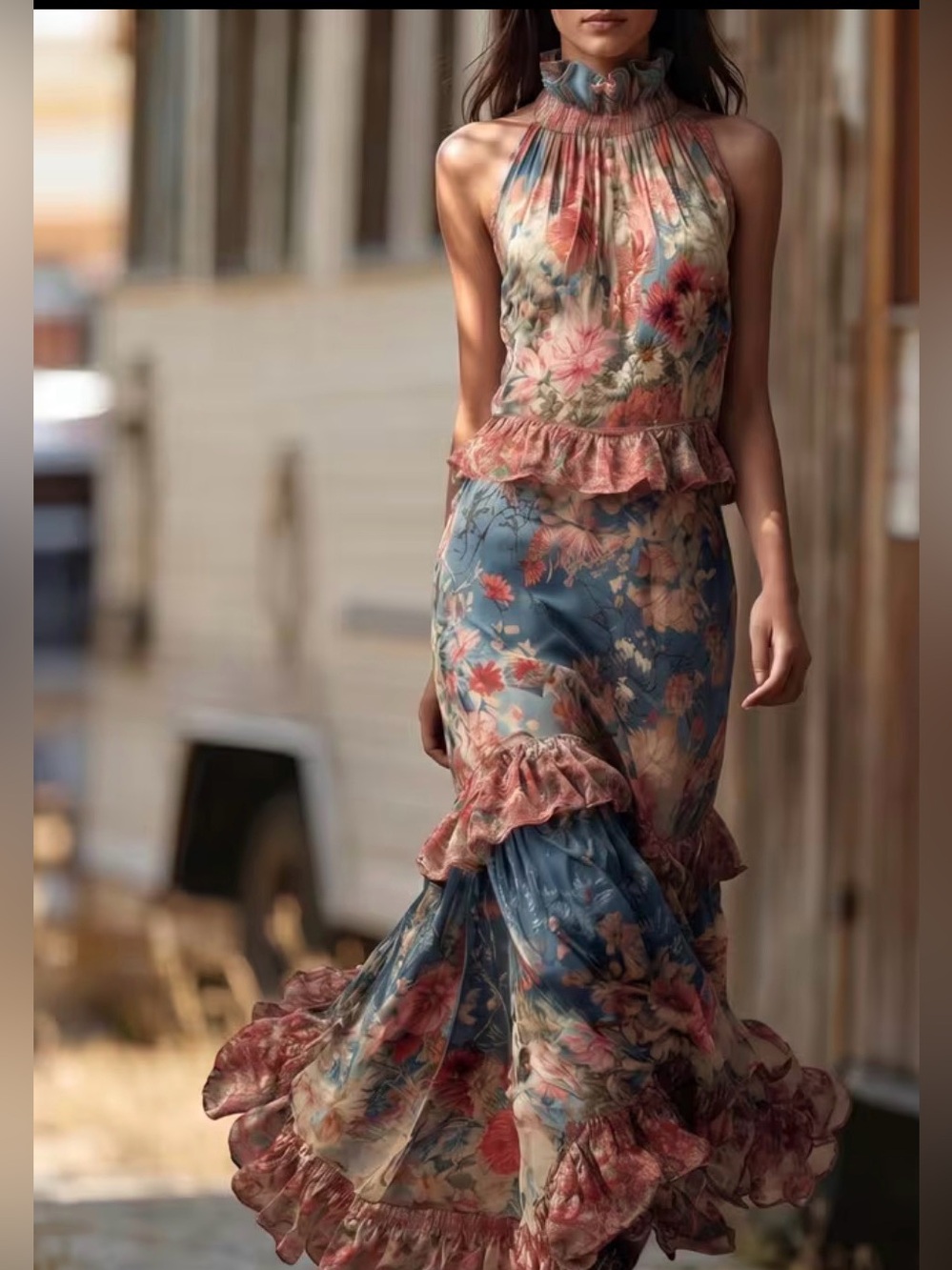 Floral Ruffle Halter Maxi Dress - Blue & Pink